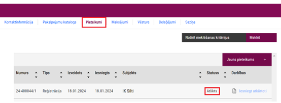 Application table in an individual's profile with the application status "Deferred"