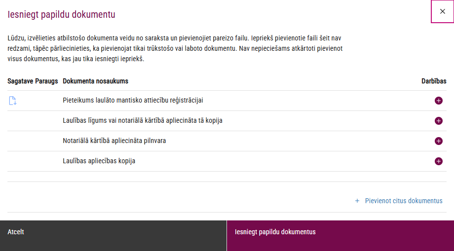 Modālais logs papildu dokumentu iesniegšanai