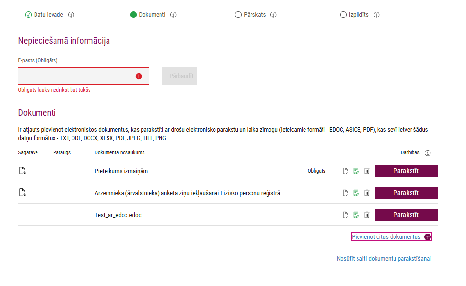Dokumentu pievienošanas izvēlnes un obligātais dokumentu lauks