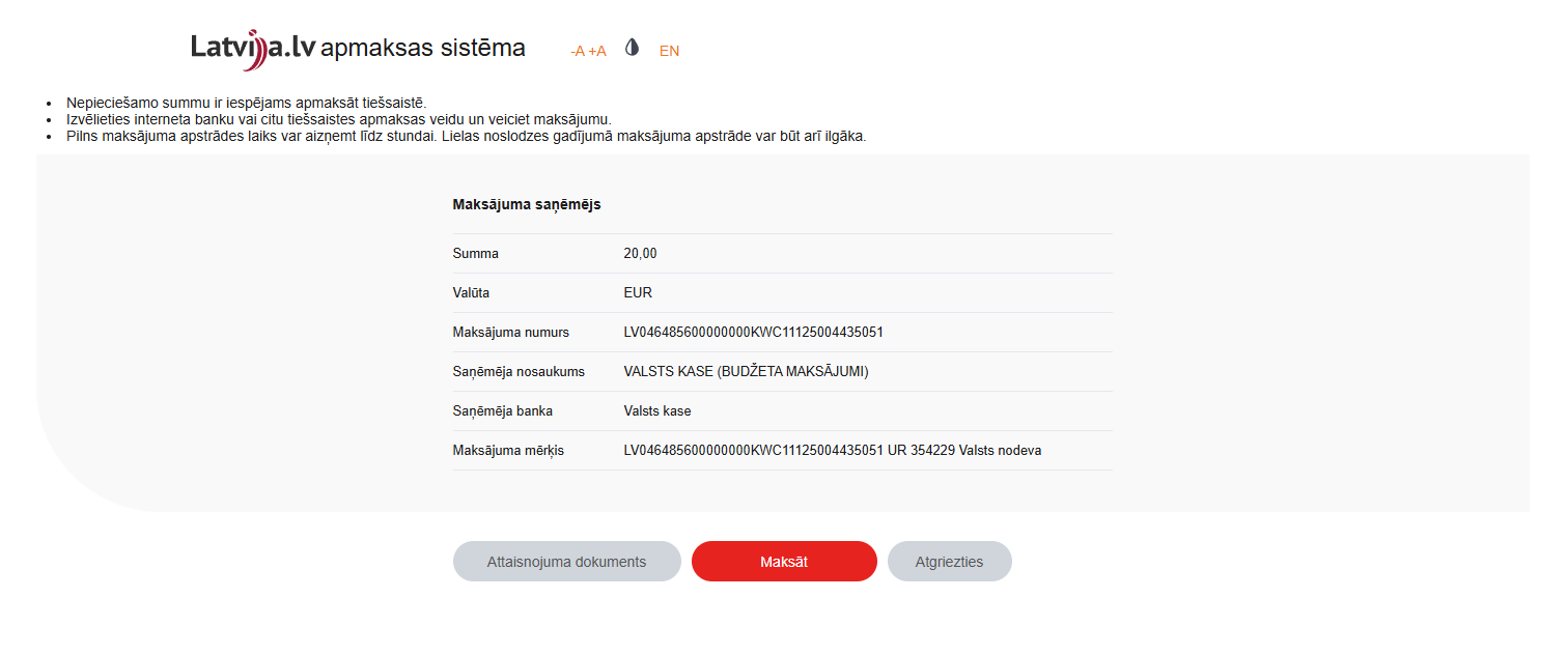 Maksājuma informācijas atrādīšana