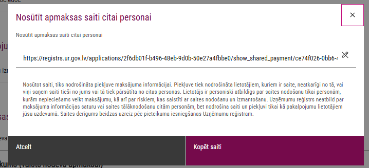 Modālais logs apmaksas saites kopēšanai