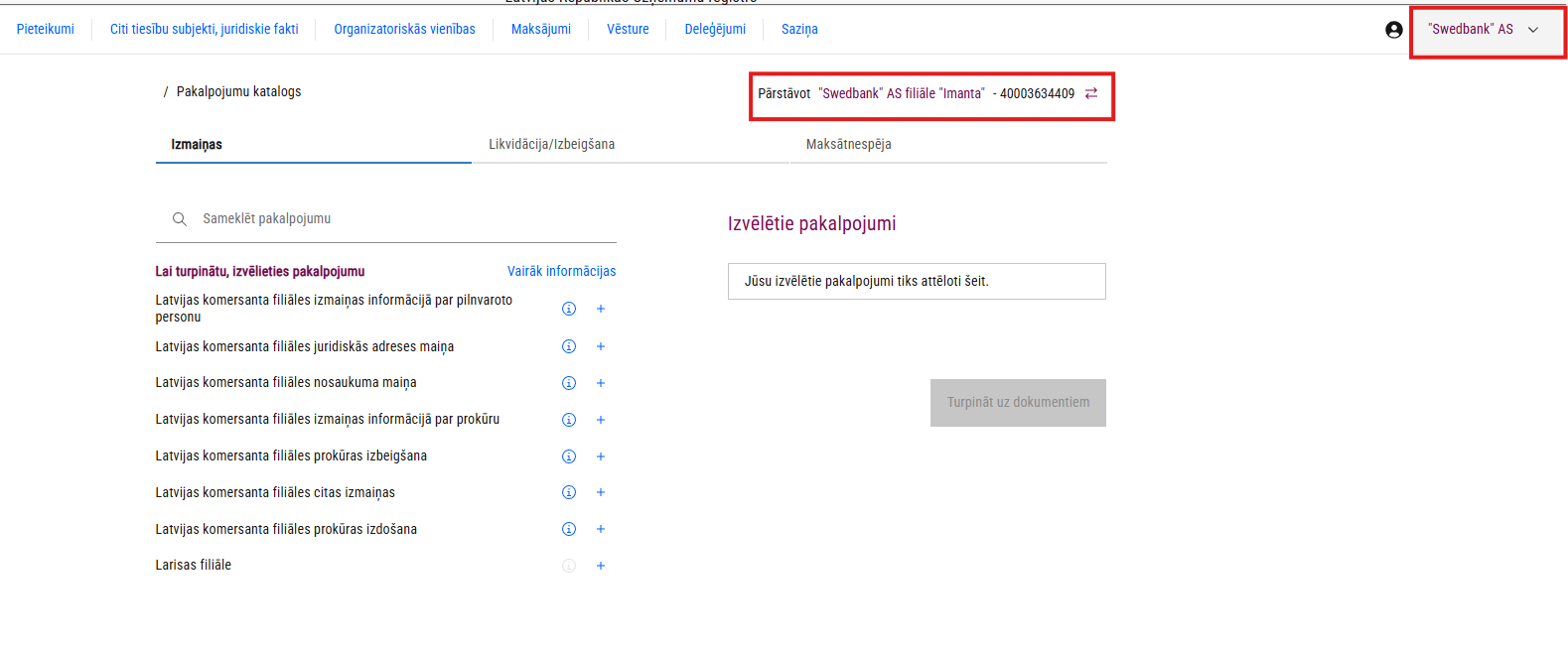 Pakalpojumu katalogs pēc organizatoriskās vienības izvēles