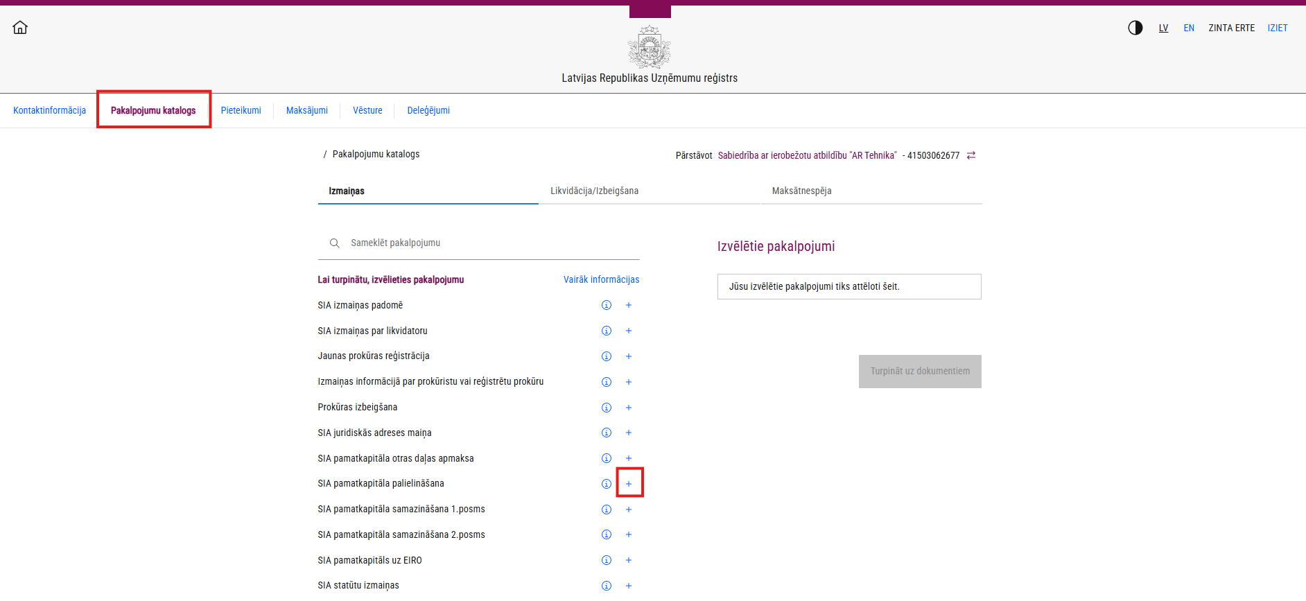 Pakalpojuma pievienošana grozam